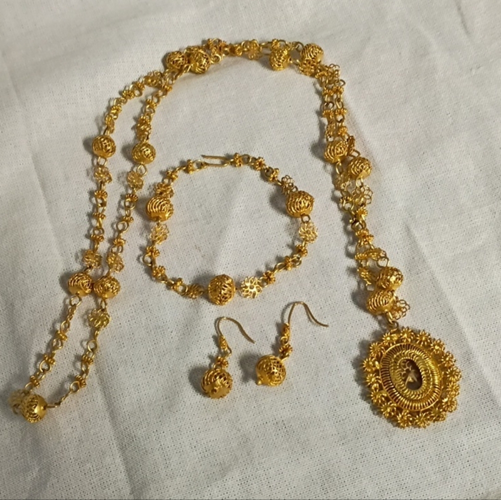 ❤️VTG 3 PHILLIPINE MARIA CLARA TAMBOURINE 925 VERMEIL NECKLACE BRACELET EARRINGS